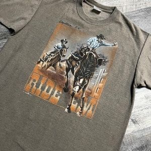 Vintage 90's Cowboy Shirt Size XL Graphic Brown Tee Ribbed Ride 1994 USA